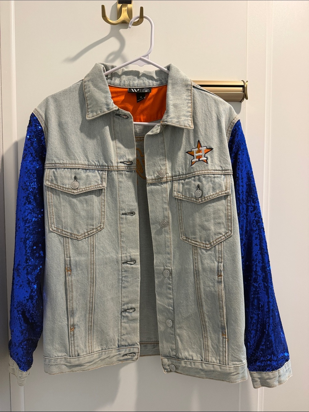 Sequin-Sleeve Light Wash Denim Jacket - Blue Astros Size S
